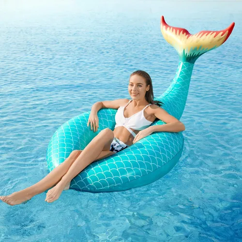 Vista 4 de Jasonwell Flotador inflable gigante de cola de sirena con válvulas rápidas, flotadores de piscina, tubo de verano, playa, piscina, fiesta, balsa