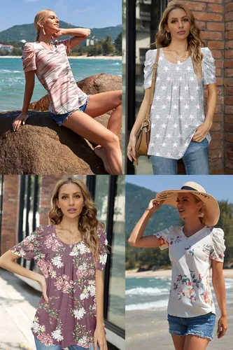 Vista 6 de Anydeer Camiseta casual de verano para mujer, manga abombada, cuello en V, blusa suelta, suéter de moda