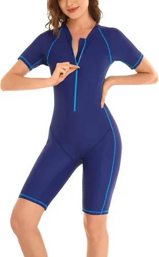Vista 6 de Traje de baño de una pieza para mujer con cremallera frontal y manga corta, traje de baño atlético para adolescentes
