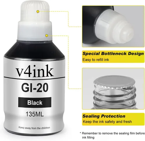 Vista 4 de v4ink Botella de tinta de repuesto compatible GI20 para botella de tinta de repuesto Canon GI-20 para usar con impresora de inyección de tinta PIXMA