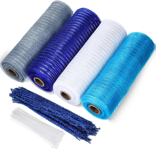 Vista 6 de Funtery 4 Rollos de 40 Yardas de Cinta de Malla Decorativa de Navidad, Cinta de Malla Decorativa con Tallo de Chenilla y Abrazaderas de Plástico