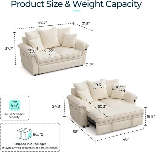 Vista 2 de LINSY HOME Sofá modular con cama extraíble, sofá biplaza modular de pana grande, reposabrazos ancho, sofá modular de 62 pulgadas y 2 asientos