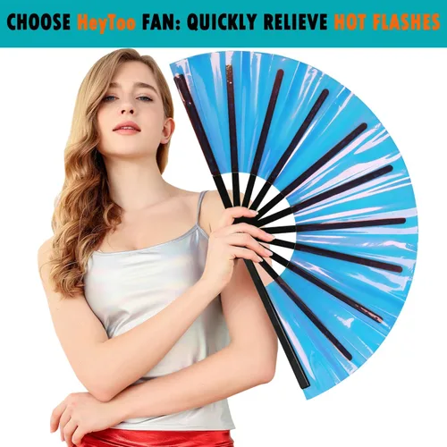 Vista 5 de HeyToo Ventilador de mano plegable grande y brillante para fiesta, club nocturno, festival, Halloween, accesorios de traje de 13 pulgadas, azul