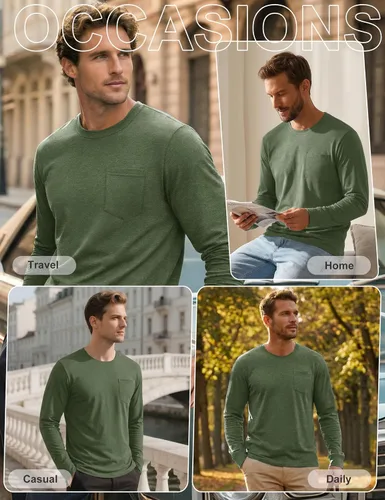 Vista 7 de Cotrasen Camisetas de manga larga para hombre, de algodón, cuello redondo, absorben la humedad, suaves, casuales, con bolsillo