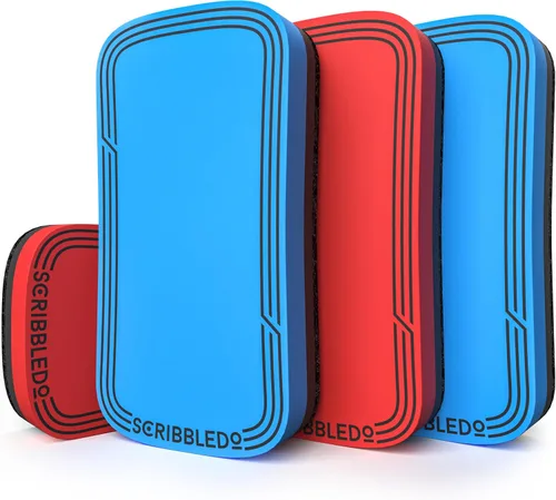 Vista 9 de SCRIBBLEDO Magnetic Dry Erase Erasers 2 Pack, Red and Blue, 2x4 Inch Whiteboard Eraser Set with Washable Soft Felt Pads, Comfortable Foam Grip Tops