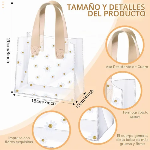 Vista 3 de Clysee - 24 bolsas de regalo transparentes con patrón de margaritas, bolsa de PVC transparente, color beige Reutilizable con asas para recuerdos