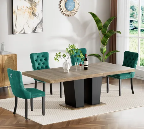 Vista 23 de Juego de mesa de comedor extensible de 5 piezas con 4 sillas de tela, mesa extensible marrón con base negra, juego moderno de comedor de madera