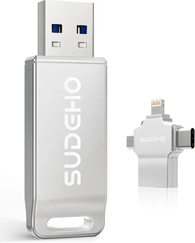 Vista 11 de Memoria USB USB con certificación MFi para iPhone, memoria externa 4 en 1 para ahorro de video y copia de seguridad (plata, 256 GB)