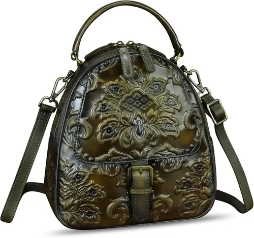Vista 7 de Bolso bandolera de cuero genuino para mujer, bolso cruzado en relieve, bolso cruzado con asa superior, mochila convertible hecha a mano