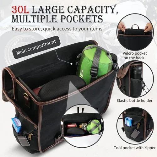 Vista 5 de NICECNC Bolsas de sillín para motocicleta, alforjas vintage de lona encerada en aceite, bolsas laterales de gran capacidad compatibles con Harley