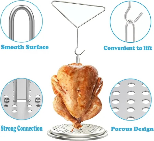 Vista 4 de Kit de accesorios para freidora de pavo perforado, pollo, aves de corral, con mango de alambre, gancho elevador, base vertical para asador