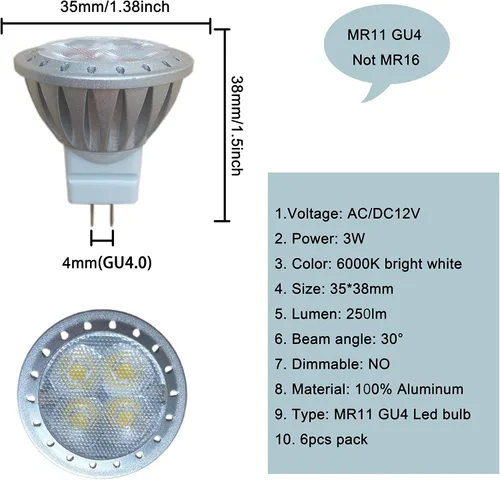 Vista 3 de ALIDE Bombillas LED MR11 GU4 de 12 V de bajo voltaje 6000 K luz diurna Blanco luz diurna