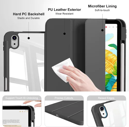 Vista 3 de Funda para iPad (A16) de 11ª generación de 11 pulgadas 2025, funda para iPad de 10.9 pulgadas 2022 con soporte para lápices, funda a prueba de Negro