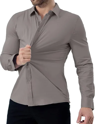 Vista 5 de ZAFUL Camisas de vestir elásticas sin arrugas para hombre, camisa de algodón casual con botones de manga larga
