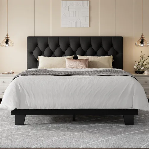Vista 10 de Feonase Marco de cama de plataforma twin con cabecera capitoné con botones, cama tapizada de lino con soporte de listones de madera, no necesita