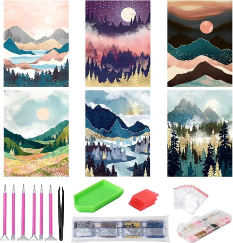 Vista 10 de abcGoodefg Kit de pinturas de arte de diamantes, 6 paquetes, kits de arte de diamantes 5D para adultos, juego de paisaje, pintura redonda de taladro