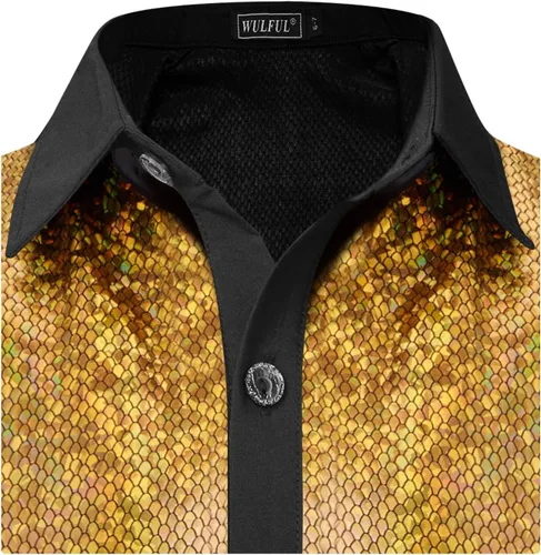Vista 3 de WULFUL Camisa de discoteca para niños y niños, camisas con botones y lentejuelas, disfraz de fiesta de los años 70