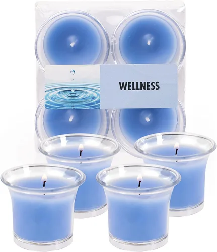 Vista 20 de HYOOLA Clear Cup Velas votivas perfumadas – Citronela – 12 horas de tiempo de combustión – Paquete de 4 – Fabricado en Europa Amarillo Citronela