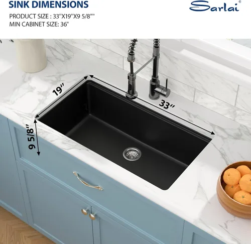 Vista 5 de Sarlai 33 Fregadero de cocina compuesto de granito - 33 x 19 pulgadas Granito negro bajo encimera Fregadero de trabajo de borde negro mate Granito