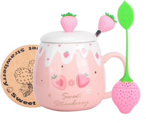 Vista 7 de Taza rosa, lindas tazas de fresa con cuchara coladora de tapa, regalos para mujeres, tazas de café de cerámica, taza de té Kawaii de 15 onzas