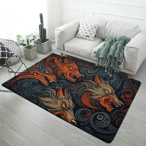 Vista 9 de Alfombra de lobo Fenrir de la mitología nórdica, decoración del hogar, dormitorio, sala de estar, alfombra suave y ligera de franela absorbente