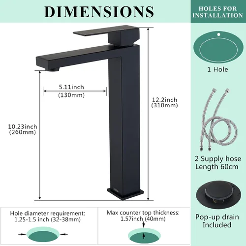 Vista 5 de Tohlar Grifo de lavabo de recipiente negro, grifo de baño alto, moderno grifo de fregadero negro de una sola manija para montaje en cubierta de 1