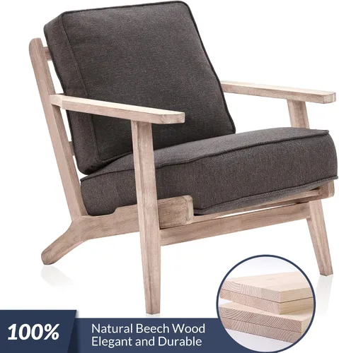 Vista 6 de BELLEZE Silla moderna de mediados de siglo con marco de madera resistente, sillón tapizado de lino, fácil montaje, cómoda silla decorativa para sala