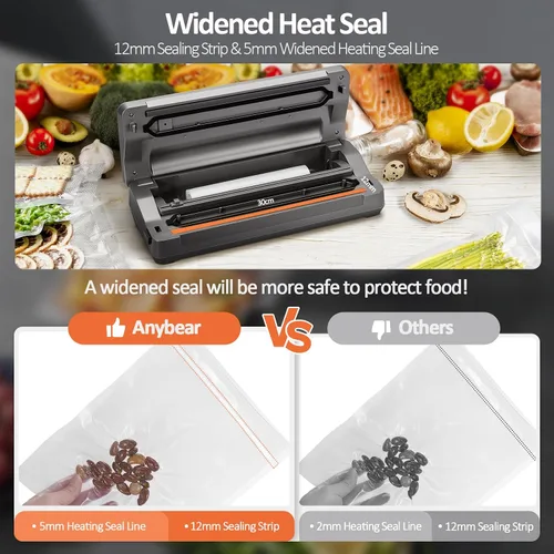 Vista 5 de Anybear Máquina selladora al vacío, 90 kPa 120 W de sellado ancho todo en 1, potente almacenamiento de alimentos, cortador integrado