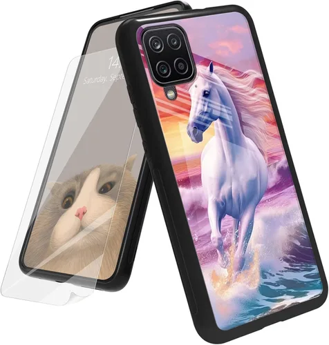 Vista 163 de Funda para Samsung Galaxy A12 5G con protector de pantalla, parte trasera de vidrio templado + TPU de silicona suave que absorbe los golpes