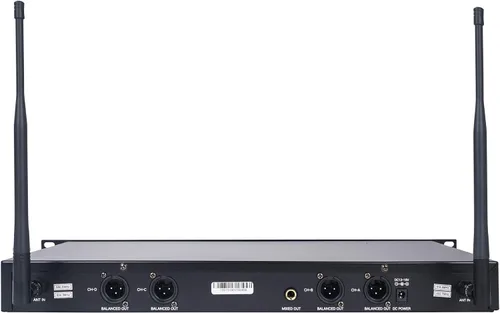 Vista 3 de Sound Town Sistema de micrófono inalámbrico UHF profesional de 4 canales con receptor de metal montado en estante y 4 micrófonos de mano