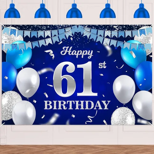Vista 54 de Bandera de feliz primer cumpleaños con fondo azul marino, globos, confeti, bandera de rayas, luces de puntos, felicitaciones por el tema de 1 año