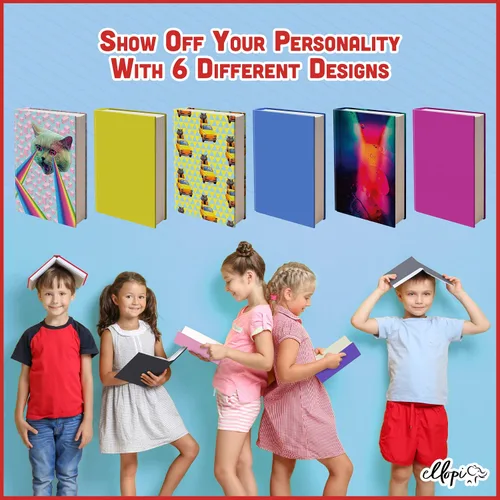 Vista 3 de Paquete de 6 fundas elásticas para libros fáciles de aplicar. 3 chaquetas grandes sólidas y 3 diseños para libros de texto de tapa dura de hasta 9 x