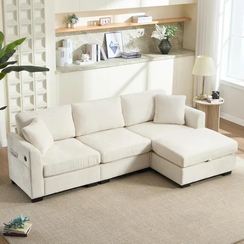 Vista 9 de Sofá modular seccional, sofá seccional beige, sofá otomano de almacenamiento móvil con almacenamiento, sofás seccionales en forma de L, 4 asientos