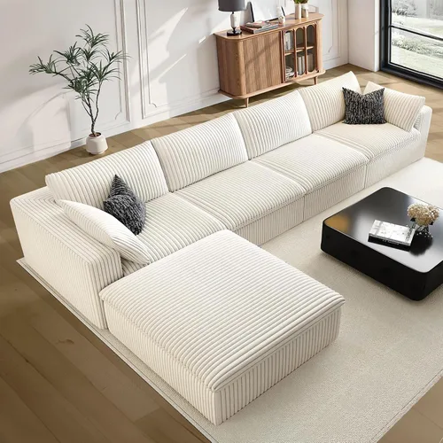 Vista 55 de 118" Cloud Couch Oversized Modular Sectional Sofa, Boneless L-Shaped 6 Seater Deep Seat Couch with Ottoman, Soft Corduroy Upholstery, DIY Negro