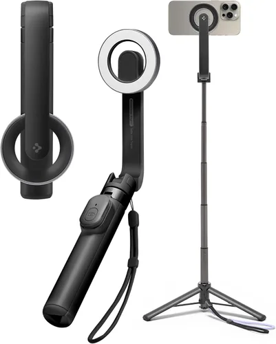Vista 12 de Spigen Soporte de Trípode para Palo de Selfie con Control Remoto Bluetooth y Obturador, Extensible de 24", Compatible con MagSafe iPhone