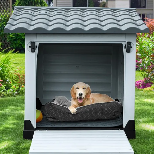 Vista 4 de YITAHOME Casa para perros grande de 2 puertas con base elevada y cojín, casa de plástico para perros pequeños y medianos, fácil montaje, impermeable