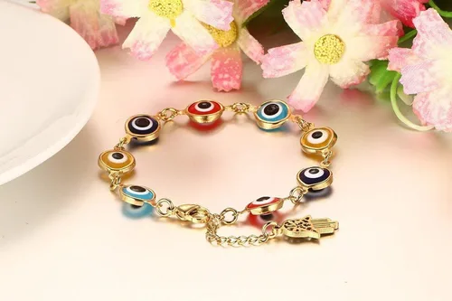 Vista 2 de Blowin Pulsera de acero inoxidable multicolor contra el mal de ojo pulsera de mano de Fátima Hamsa pulseras con encanto, Acero inoxidable