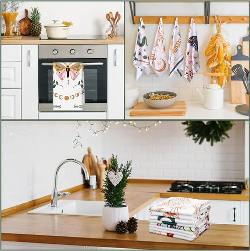 Vista 7 de Zubebe Paquete de 6 toallas de cocina bohemias de 18 x 28 pulgadas, toallas de cocina absorbentes con diseño de hongos y luna celestial, regalos