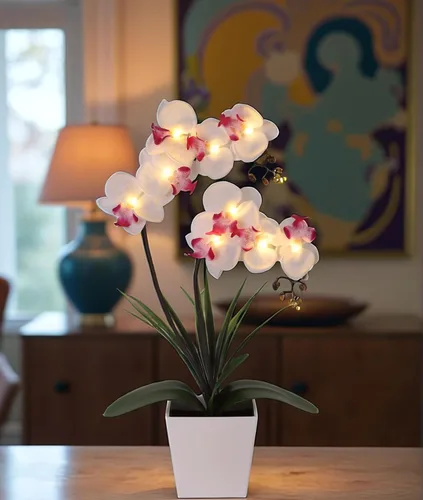 Vista 4 de Arreglo floral artificial con luces LED Homeseasons, funciona con batería, maceta con orquídeas, 9 luces Blanco