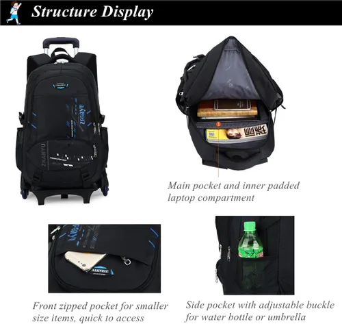 Vista 4 de Mochila con ruedas para adolescentes y niñas, mochila con ruedas para la escuela con seis ruedas, A-azul, M