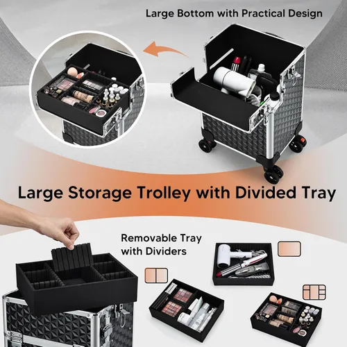 Vista 4 de Estuche de maquillaje profesional rodante, 3 en 1, estuche de cosmetología sobre ruedas, carrito de maquillaje grande para peluquería y peluquería