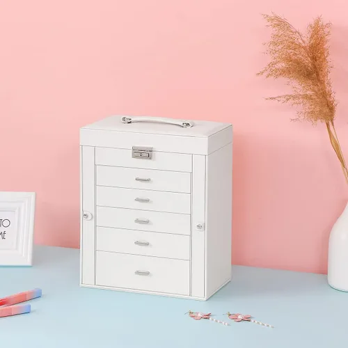 Vista 9 de ANWBROAD Enorme caja de joyería de 6 niveles organizador de joyas con cerradura de espejo caja de joyería para niñas aretes anillos collares