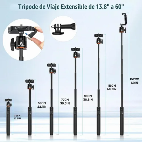 Vista 7 de Ailight Trípode de viaje extensible de 60 pulgadas y palo selfie con zapata fría y control remoto inalámbrico, cabeza de bola de 360° para vlogging