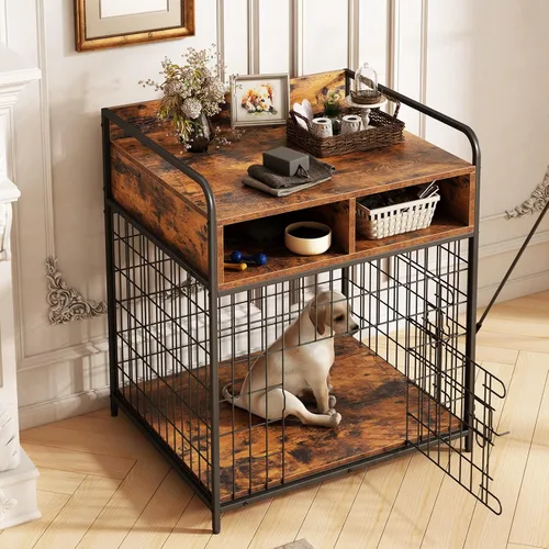 Vista 6 de Muebles de jaula para perros pequeños, perrera de interior, mesa de madera para perros con cajones de almacenamiento, jaula resistente para perros