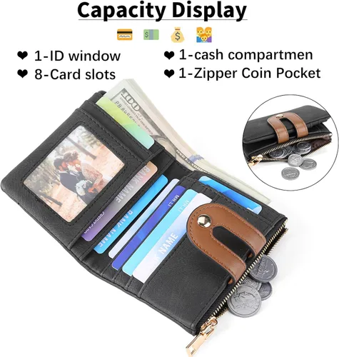 Vista 2 de RNIEGA Billeteras pequeñas para mujer, de cuero, plegable, con bloqueo RFID, tarjetero compacto con bolsillo para monedas con cremallera