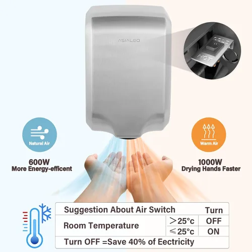 Vista 2 de Secador de manos para baño comercial, certificado UL y compatible con ADA, ventilador de mano eléctrico automático, interruptor de aire Acero