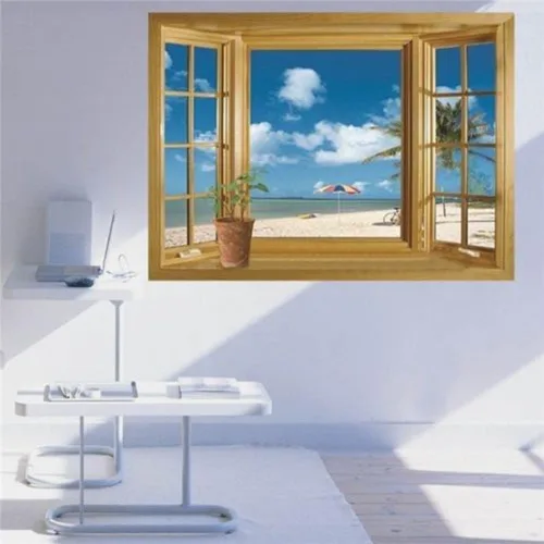 Vista 5 de Pegatinas de pared removibles 3D con diseño de ventana de playa, decoración para el hogar, decoración del hogar