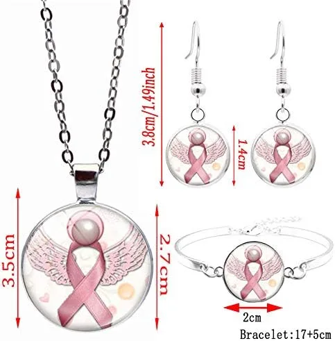 Vista 2 de GANGYUN Juego de collar y aretes de lazo rosa con alas de ángel volador para mujer, joyería de concientización sobre el cáncer de mama con flores