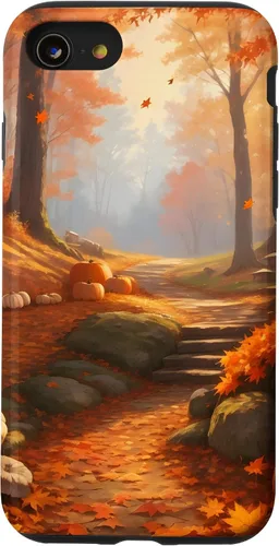 Vista 18 de iPhone 13 Pro Max Idílica escena del bosque de otoño, hojas de otoño, funda de calabazas