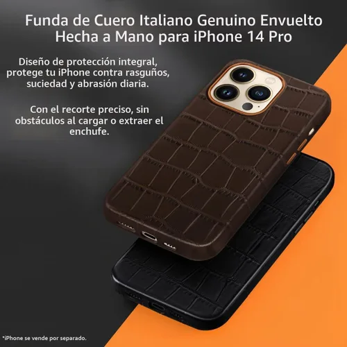 Vista 3 de Funda de piel compatible con iPhone 14 Pro, piel de vaca genuina, patrón de cocodrilo en relieve para iPhone 14 Pro, imanes integrados para carga